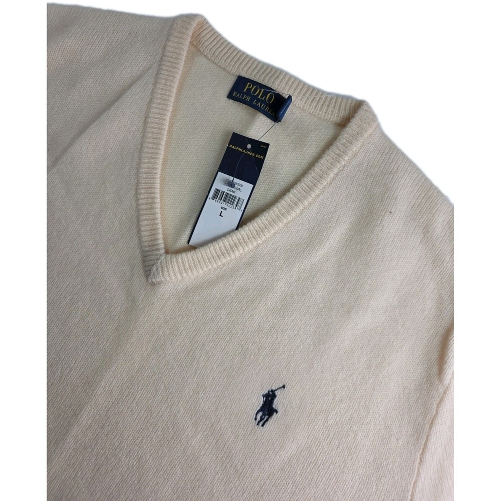 POLO RALPH LAUREN MEN'S LARGE V NECK SWEATER CREAM WOOL, LOGO, NWT